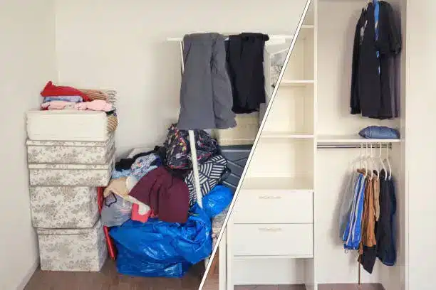 Before and after photos of a messy kids’ room transformed with a custom closet system