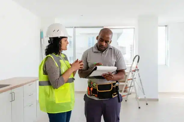 Closet system designer showing custom entertainment closet plans to homeowner.