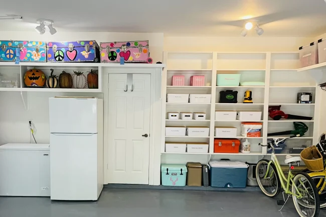 Modern garage with custom-built cabinets and storage systems