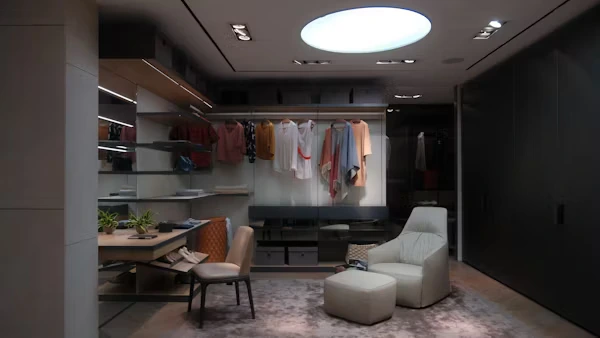Modern walk-in custom wardrobe closet with central island and lighting