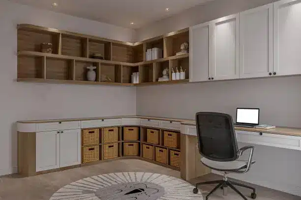 Custom Closet Solutions improving productivity in a tidy home office setup.