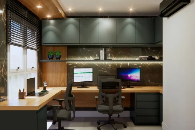 custom home office with built in cabinets
