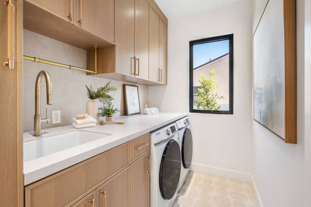 white and brown laundry room