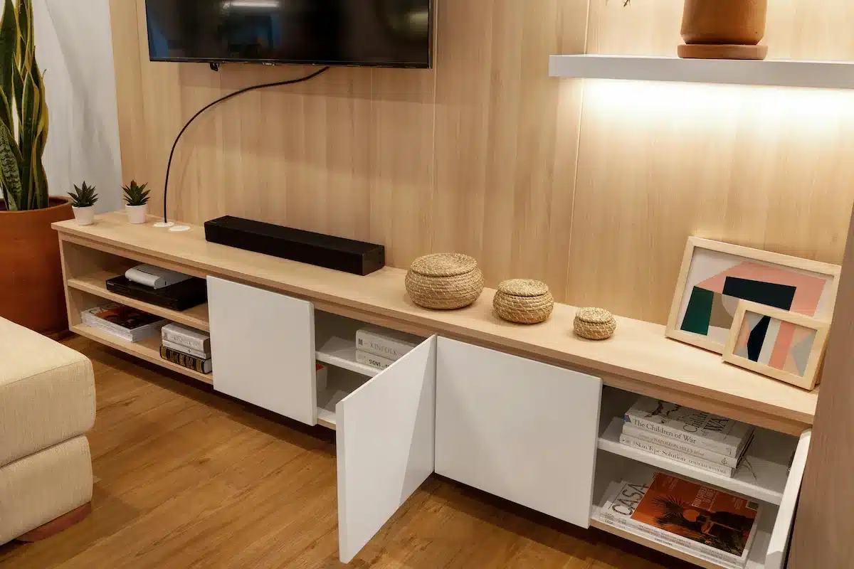 media center solutions with concealed equipment storage and organized cable management inside cabinetry