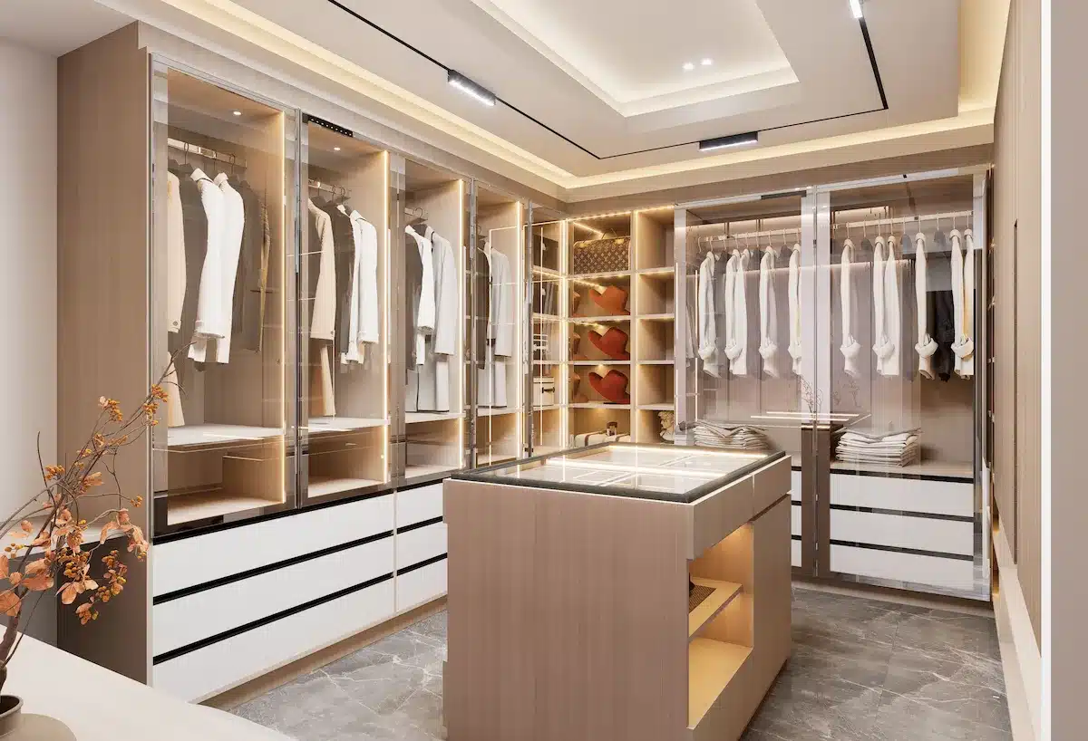 walk-in master closets with intelligent zoning including hanging sections shelving and drawer systems