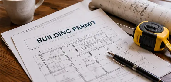 Building permit paperwork, floor plans, a tape measure and a pen on a wooden desk.