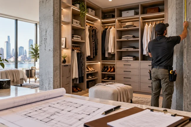 Custom condo closet renovation in a modern high-rise apartment with concrete walls