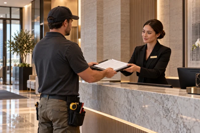 Closet installer submitting insurance and contractor documents at a condo front desk