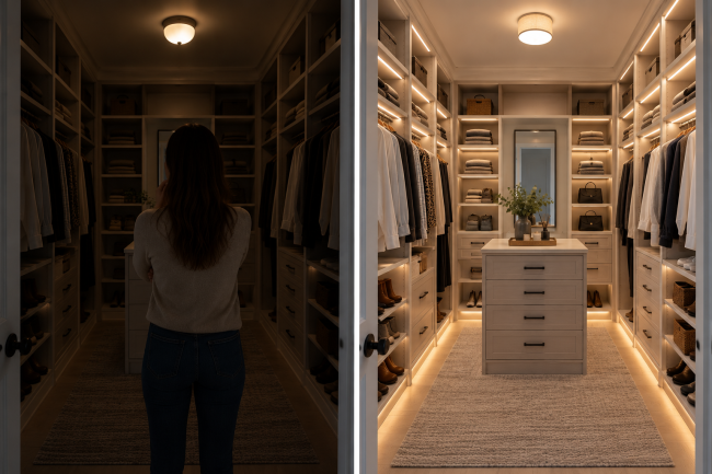 Closet lit only by a ceiling fixture with shadows compared with layered LED strip lighting