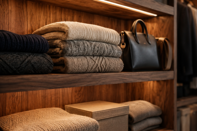 LED strips mounted under closet shelves lighting folded knitwear and handbags