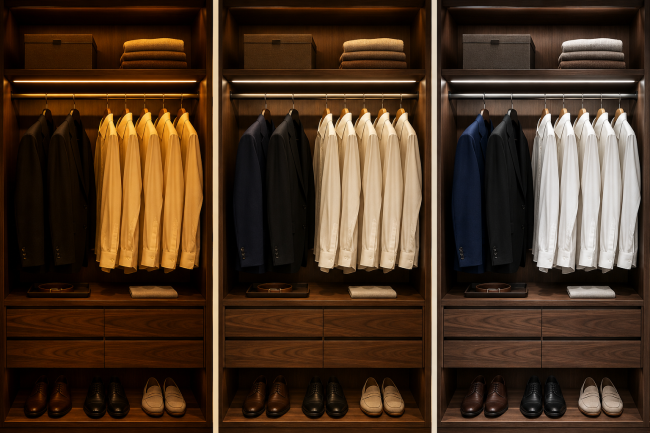 Same closet section under warm, neutral and cool colour temperature lighting