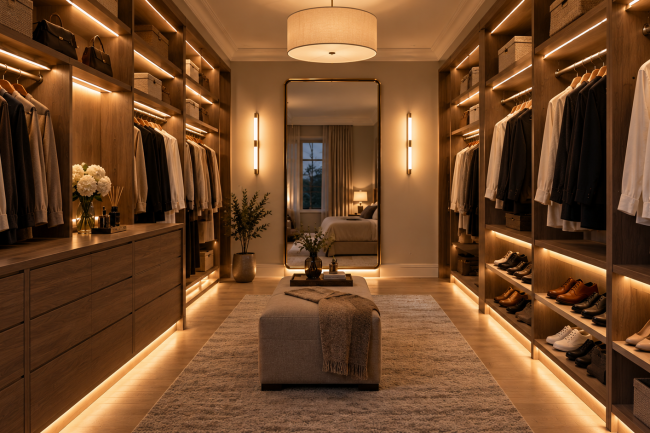 Walk-in closet with under-shelf, rod, toe-kick, mirror and ceiling lighting all working together